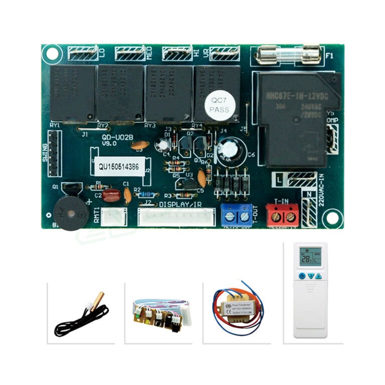 Image of a remote control board QD-U028(SW) with various electronic components and connectors for HVAC systems.